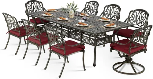 Vista 11 de VIVIJASON Juego de comedor al aire libre de 9 piezas, juego de mesa y sillas de patio de aluminio fundido para 8, incluye mesa rectangular de 94.5