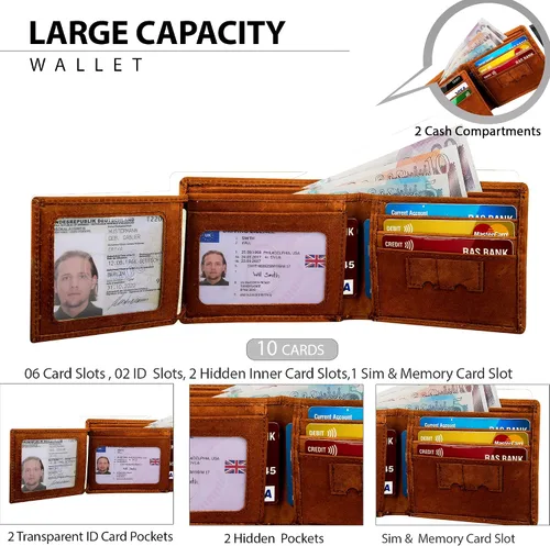 Vista 2 de STARHIDE Billetera triple de piel envejecida para hombre, con bloqueo RFID, con bloqueo RFID #1145