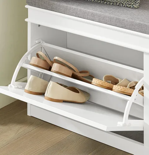 Vista 5 de Haotian Banca de almacenamiento para zapatos de entrada, banco para zapatero con 2 cajones abatibles y cojín, organizador de zapatos de diseño Blanco