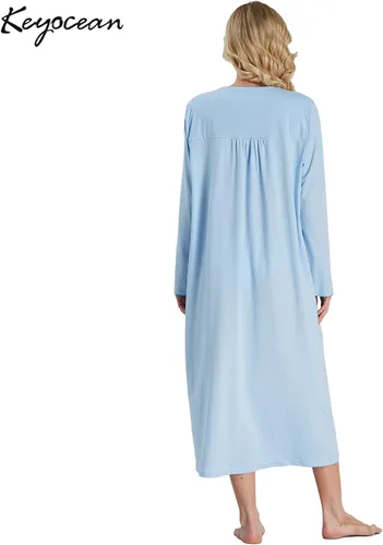 Vista 2 de Keyocean - Camisón para mujer, 100% algodón, suave, cálido, cómodo, ropa de dormir y descanso para otoño e invierno