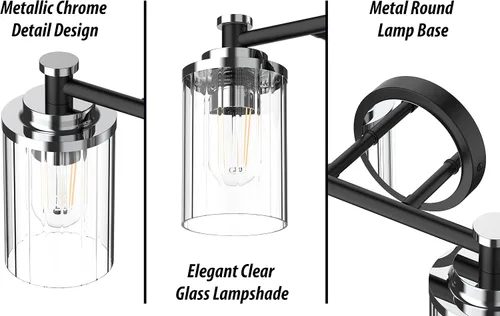 Vista 5 de Luminarias de Baño Negras y Cromadas con Pantalla de Vidrio Transparente de Rayas Cilíndricas Base de Casquillo E26 Luminarias de Baño Sobre Espejo