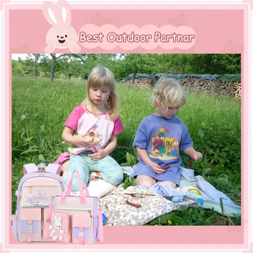 Vista 5 de VIDOSCLA Mochila de conejito para la escuela, Kawaii para niños y niñas, bolsas de libros, A# Rabbite kawaii púrpura, Chica-Conejito Kawaii