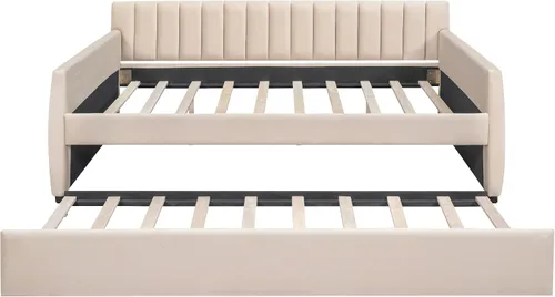 Vista 4 de Sofá cama tapizado de tamaño completo con nido y soporte de listones de madera, elegante sofá cama para sala de estar y dormitorio