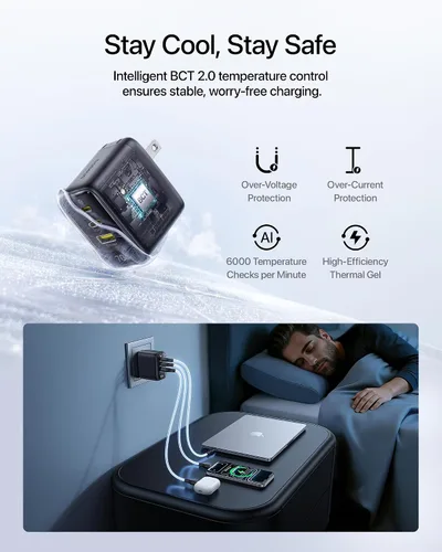 Vista 6 de Baseus Enerfill - Cargador USB C de 70 W, bloque de carga rápida de 3 puertos con enchufe plegable, cargador de ladrillo de pared GaN tipo C