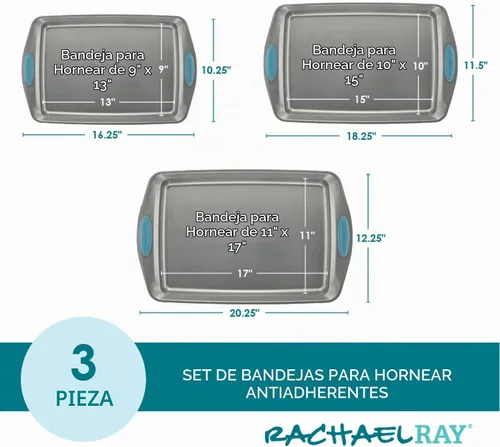 Vista 4 de Rachael Ray Bakeware - Juego de bandejas antiadherentes para galletas, 3 piezas, gris con agarres azul agave