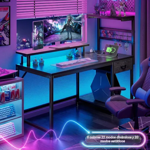 Vista 3 de EnHomee - Escritorio para juegos de 40 pulgadas con luces LED y tomas de Negro