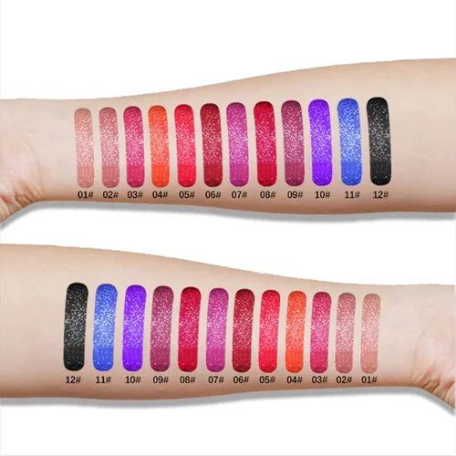 Vista 5 de Juego de 12 lápices labiales líquidos mate, maquillaje de labios, brillo de labios brillante con diamantes, 24 horas, de larga duración