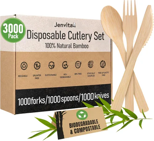 Vista 20 de Juego de cubiertos 100% de bambú - Juego de 100 cubiertos compostables