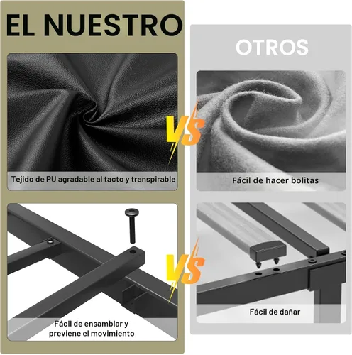 Vista 8 de Base de cama tamaño individual con 4 cajones de almacenamiento, luz LED, tapizado negro Platform Bed, Charging Station, Adjustable Headboard, PU