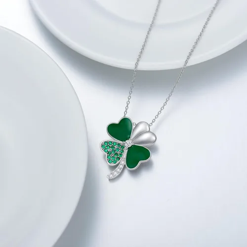 Vista 4 de Collar de trébol del día de San Patricio, irlandés, trébol de cuatro hojas, collares de trébol para mujer, plata de ley 925, a la moda, verde