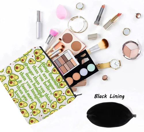 Vista 3 de LEVLO Divertida bolsa de maquillaje con diseño de aguacate, regalo inspirado en los amantes del aguacate, con texto en inglés "You Are Braver