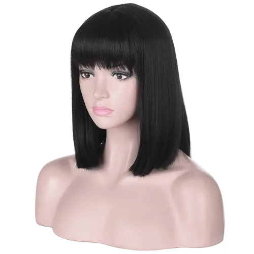 Vista 2 de Peluca corta y recta negra con flequillo para mujer Pelucas de cabello sintético resistente al calor natural