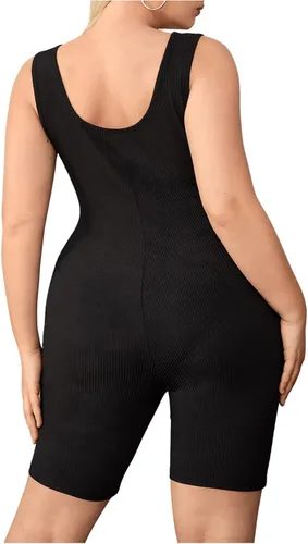 Vista 2 de OYOANGLE Mono de motociclista para mujer, talla grande, acanalado, cuello redondo, sin mangas, ajustado, leotardo