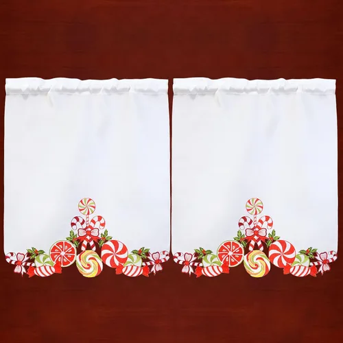 Vista 4 de Juego de cortinas bordadas de bastón de caramelo para ventana de cocina con cenefa y niveles para las fiestas navideñas (Bastón de caramelo)
