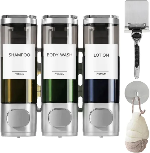 Vista 10 de GMISUN Shower Soap Dispenser Wall Mounted with Razor Holder & Loofah Hook Black