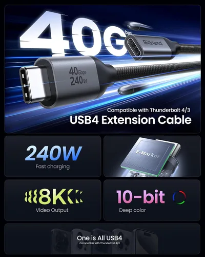 Vista 2 de Silkland Cable de extensión USB C USB4 de 40 Gbps 240 W para Thunderbolt