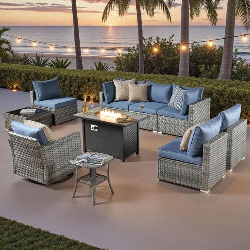 Vista 41 de ovios Juego de muebles de patio al aire libre de 5 piezas con mesa de café, conjunto seccional de muebles de patio con sofá de mimbre para todo tipo