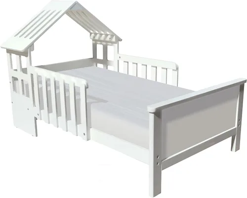 Vista 8 de Little Partners Lil' House - Cama infantil de madera maciza con forma de hogar con rieles y dos protectores de seguridad, se adapta a colchones