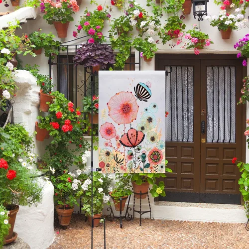Vista 6 de FEPITO Paquete de 2 soportes de metal para bandera de jardín con tapón y clip antiviento para banderas decorativas de césped al aire libre