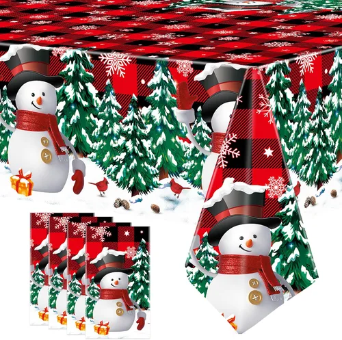 Vista 8 de 2 manteles de plástico desechables de Navidad con diseño de muñeco de nieve, mantel rectangular de Navidad con diseño de copo de nieve y búfalo