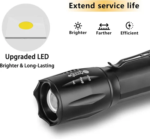 Vista 4 de KZK Linterna LED, linterna táctica brillante de 2500 lúmenes, 5 modos de haz zoomable, impermeable y duradera para campamento, al aire libre