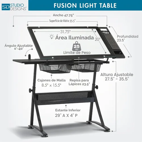 Vista 3 de Studio Designs Fusion - Mesa de dibujo con almohadilla de luz LED integrada, mesa de luz de vidrio templado ajustable en altura y ángulo