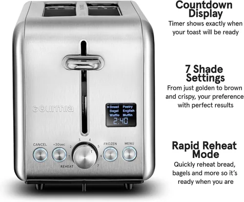 Vista 3 de Gourmia Tostadora digital – Capacidad de 2 rebanadas con pantalla LED, 5 funciones de tostado (pan, bagel, gofre, pastelería, magdalena inglesa), 7