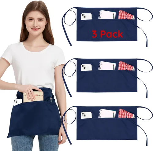Vista 12 de Paquete de 3 delantales de cintura con 3 bolsillos, delantales de camarero unisex negros, delantales resistentes al agua para restaurante, chef y bar