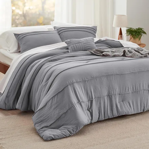 Vista 19 de Bedsure - Juego de edredón individual de 3 piezas, beige bohemio, plisado