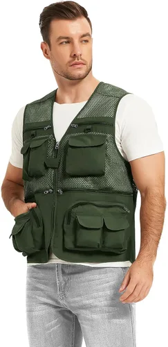 Vista 7 de Chaleco Flygo para hombre, para pesca, trabajo, safari, viaje de reportajes o para actividades al aire libre en verano, con bolsillos