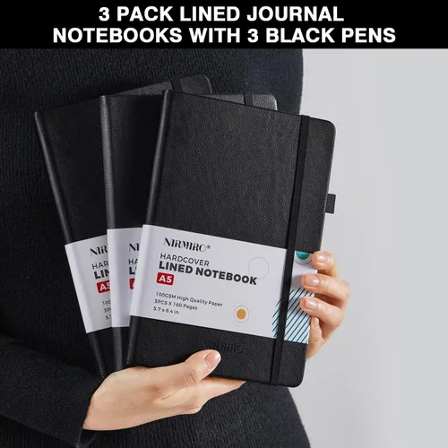 Vista 7 de Paquete de 3 cuadernos rayados con bolígrafo, cuadernos A5 (5.7 x 8.4 pulgadas) de tapa dura de cuero para mujeres y hombres, trabajo, 160 páginas