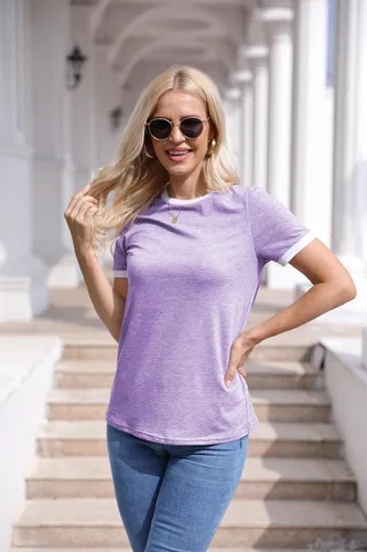 Vista 2 de Camiseta básica de manga corta para mujer, cuello redondo, bloque de color básico