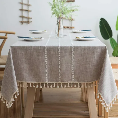 Vista 8 de Pahajim Mantel Rectangular a Rayas con Borlas Mantel Grueso de Lino y Algodón para Picnic al Aire Libre, Comedor y Decoración de Cocina para Fiestas