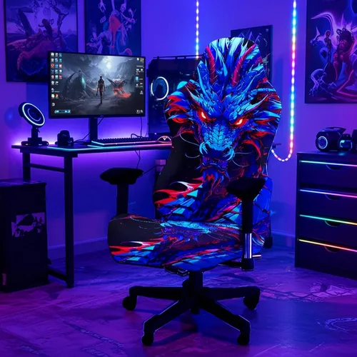 Vista 3 de Blacklight - Funda para silla de juegos – Funda para silla de juegos electrónicos de dragón neón reactivo a los rayos UV, protector de silla