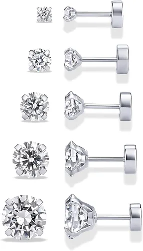 Vista 10 de PAVOI Waterproof CZ Stud Earrings for Women, 14K Gold Plated Set of 5 Studs Oro rosa