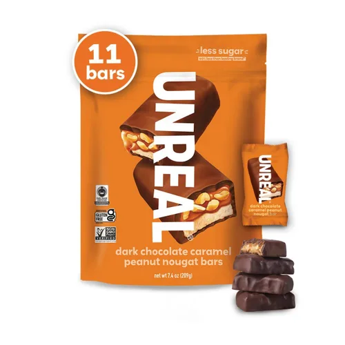 Vista 8 de Unreal - Barras de turrón de cacahuete y caramelo de chocolate oscuro, bolsas de tamaño económico, paquete de 3 Chewy caramel, organic peanuts and