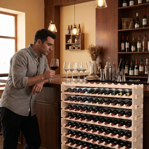 Vista 5 de Estante modular de madera apilable de almacenamiento para vino Gabinete de 144 botellas de piso independiente para botellas de vino