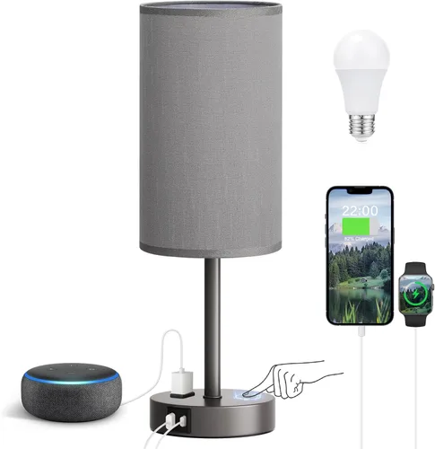 Vista 10 de Fenmzee Juego de lámparas de mesa pequeñas táctiles regulables de 2 a 3 vías, carga USB A + C, salida de CA, base de grano de madera, bombillas