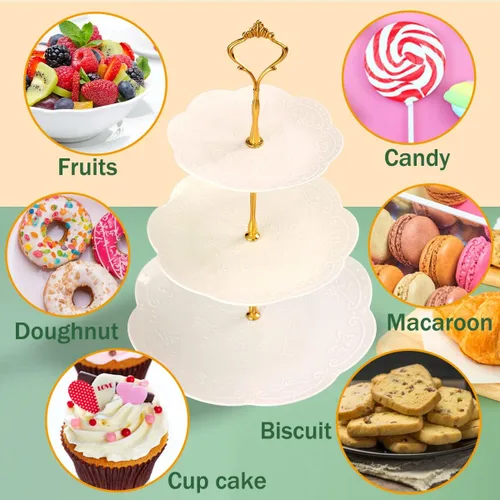 Vista 2 de Barelove Soporte de plástico para cupcakes de 3 niveles, bandeja escalonada para servir, paquete de 2 soportes de plástico para postres y dulces