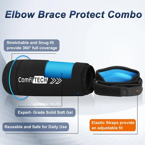 Vista 3 de Comfitech Combo de correa para codo y bolsa de hielo para hombres y mujeres, manga fría para brazo y antebrazo, talla M
