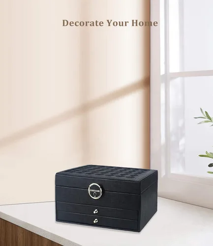 Vista 9 de Caja de almacenamiento de joyas cajas organizadoras de joyas grandes de 3 capas para mujeres y niñas vitrina de joyería de piel sintética con 2