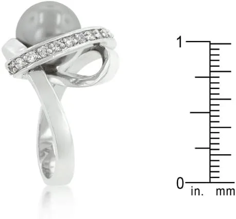 Vista 5 de Kate Bissett Genuine Rhodium Plated Ring Knotted with a Dark Grey Simulated Pearl Bordered by Round Cut Cubic Zirconia