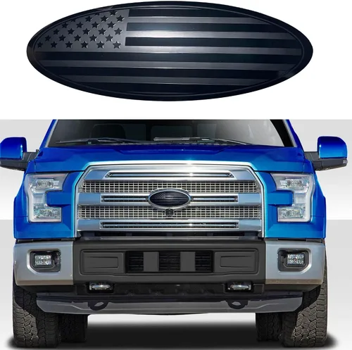 Vista 7 de Fit F150 Emblema de 9.5 pulgadas de superposición para parrilla delantera, portón trasero ovalado, bandera negra americana para Ford F150 2015-2021