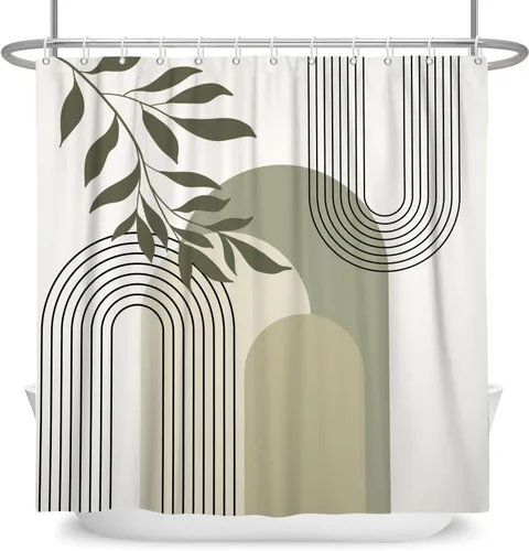 Vista 9 de Cortina de ducha moderna y bohemia, cortinas de ducha minimalistas estéticas azules de mediados de siglo para baño, cortinas de baño impermeables