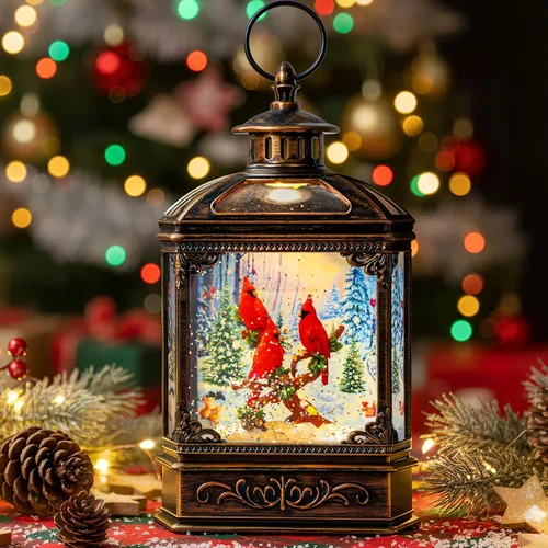 Vista 14 de Globo de nieve navideño con agua brillante, escena de cardenal con música y temporizador, linterna iluminada con USB/operada por batería
