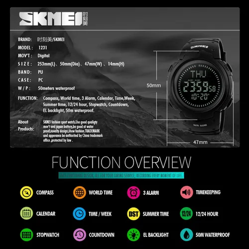 Vista 6 de Gosasa Mens Watch Sports Digital Compass Survival 50M Waterproof Stopwatch Alarm