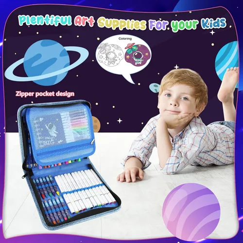 Vista 4 de JAMIEWIN Juego de marcadores con estuche espacial con purpurina, 73 piezas de suministros de arte y manualidades para niños, regalos para niños de 4