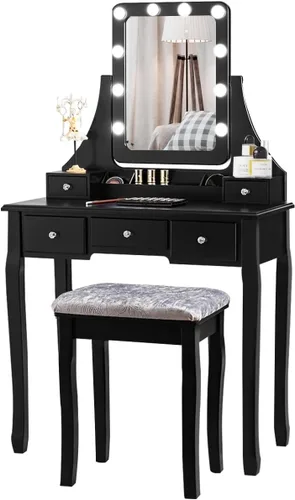 Vista 10 de DORTALA Juego de mesa de tocador con espejo rectangular de 360 grados y taburete acolchado, mesa de maquillaje con 10 bombillas LED regulables