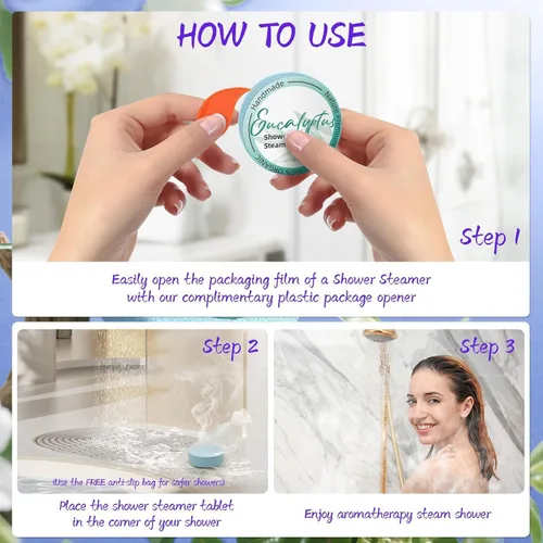 Vista 6 de Shower Steamers - Paquete de 8 bombas de ducha de aceites esenciales naturales para cuidado personal, regalos de cumpleaños de relajación