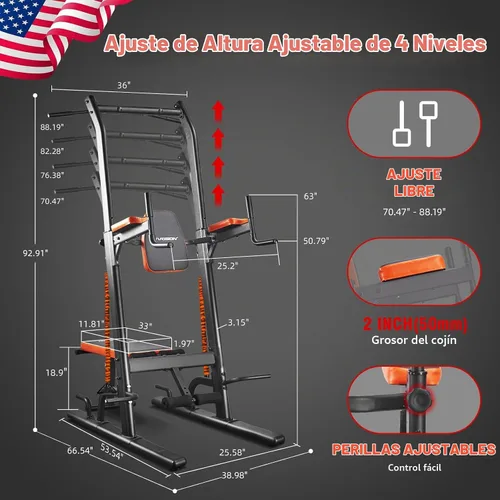 Vista 4 de HARISON Torre de potencia multifunción con banco, barra de dominadas resistente, estación de inmersión para gimnasio en casa, entrenamiento